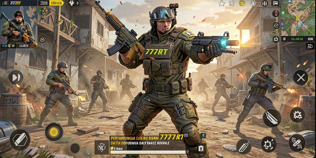 Tangkapan layar gameplay <strong>777RT</strong> yang menampilkan aksi pertarungan seru dalam Battle Royale.