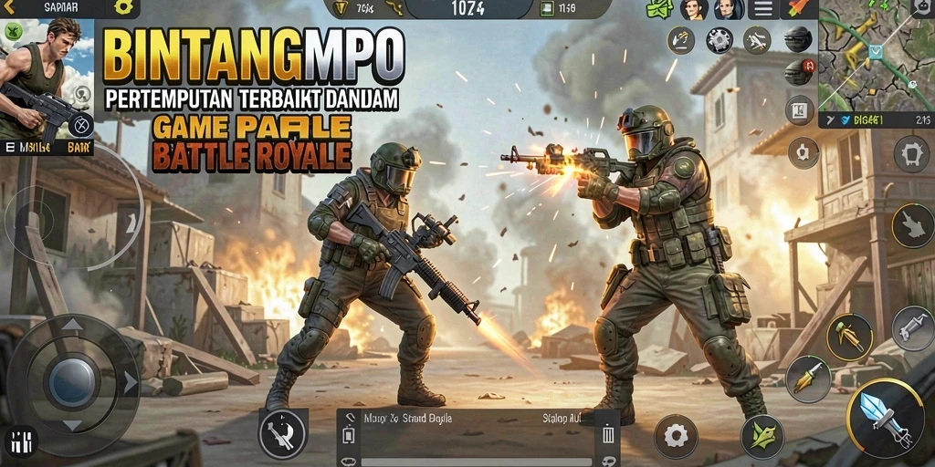 Tangkapan layar utama BINTANGMPO menampilkan pertempuran intens Battle Royale.