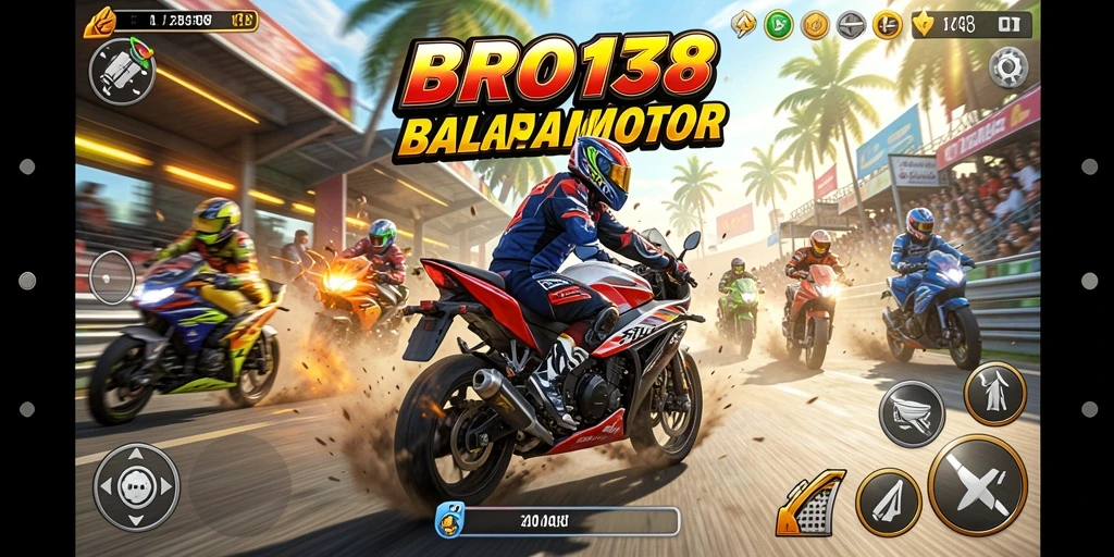 Tampilan gameplay mendebarkan dari BRO138 dengan aksi balapan motor.