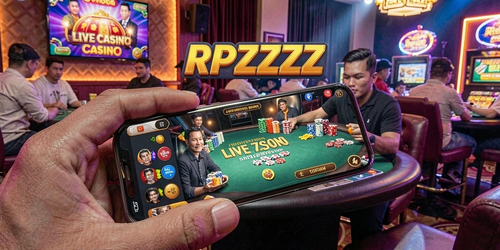 Screenshot gameplay RPZZZ yang menampilkan dealer langsung dan suasana kasino.