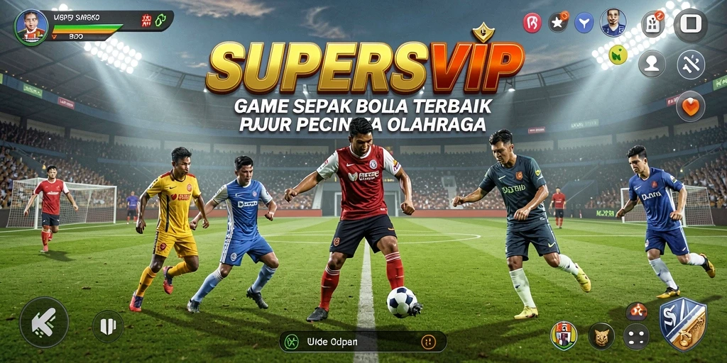 Screenshot gameplay SUPERSVIP menampilkan aksi seru di lapangan sepak bola.