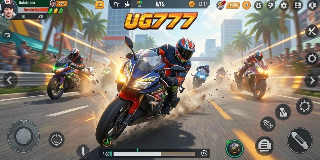 Tampilan gameplay UG777 menunjukkan balapan motor yang mendebarkan.