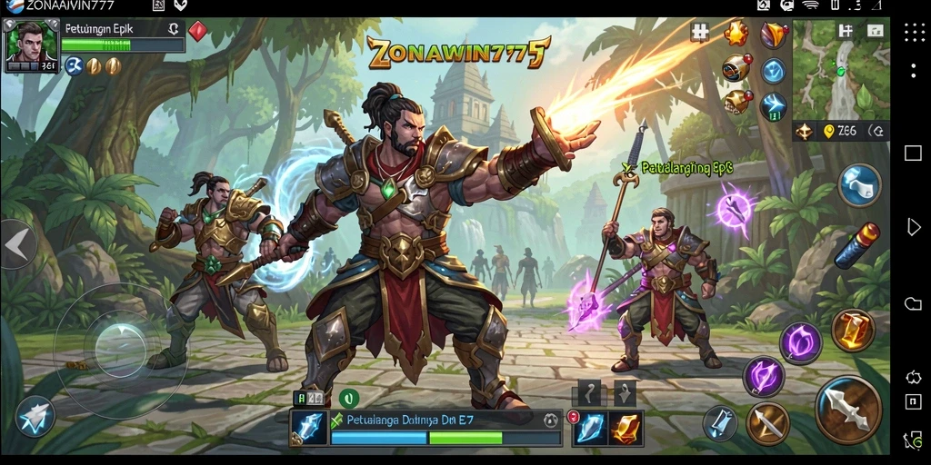 Screenshot ZONAWIN777 menampilkan aksi pertempuran epik dalam RPG.